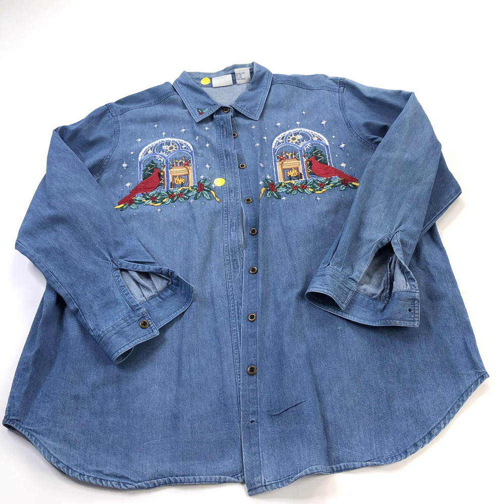Bobbie Brooks VTG 18W 20W Embroidered Denim Button Long Sleeve Shirt Christmas